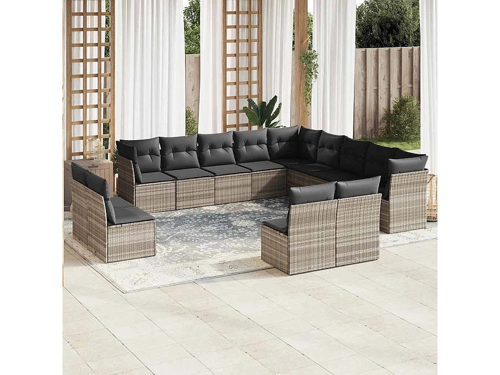 Set sofás de jardín con cojines 13 piezas ratán sintético gris