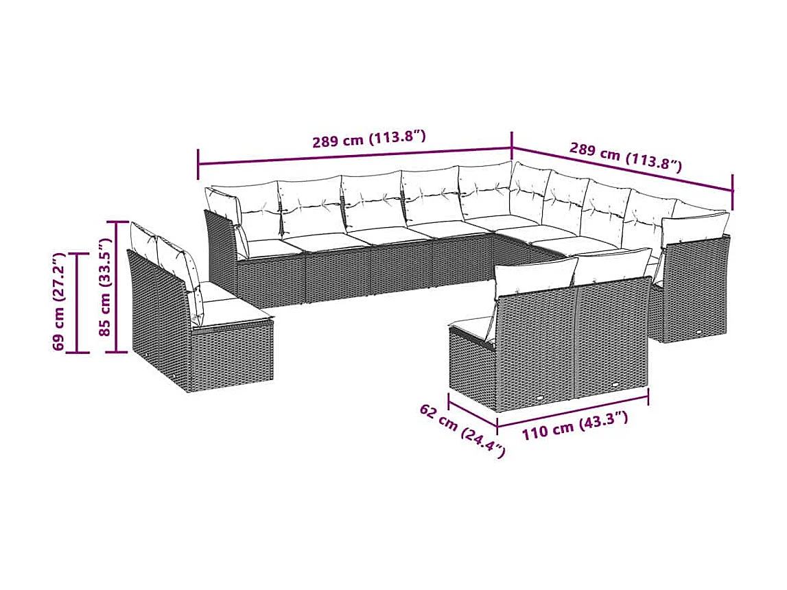 Set sofás de jardín con cojines 13 piezas ratán sintético gris