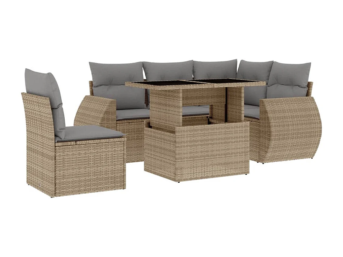 6 peças conjunto de sofás para jardim com almofadões vime PE bege