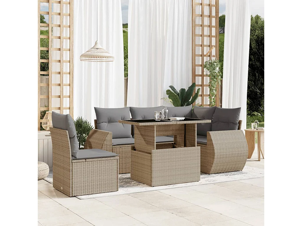 Salon de jardin avec coussins 6 pièces beige résine tressée