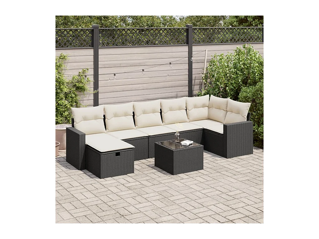 Salon de jardin 8 pièces avec coussins noir résine tressée
