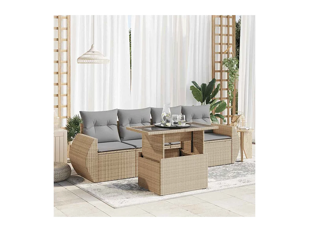 5 peças conjunto de sofás para jardim com almofadões vime PE bege