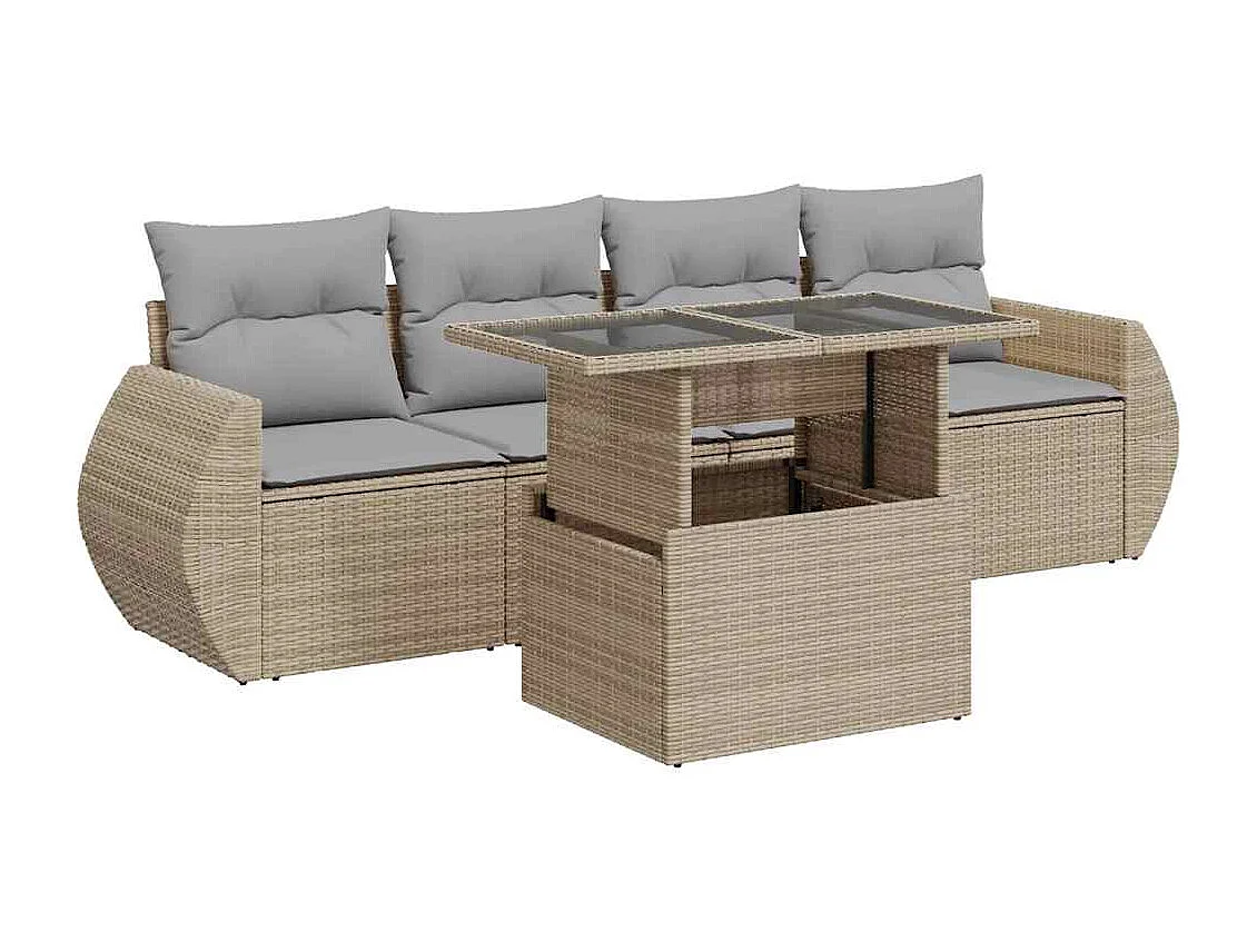 5 peças conjunto de sofás para jardim com almofadões vime PE bege