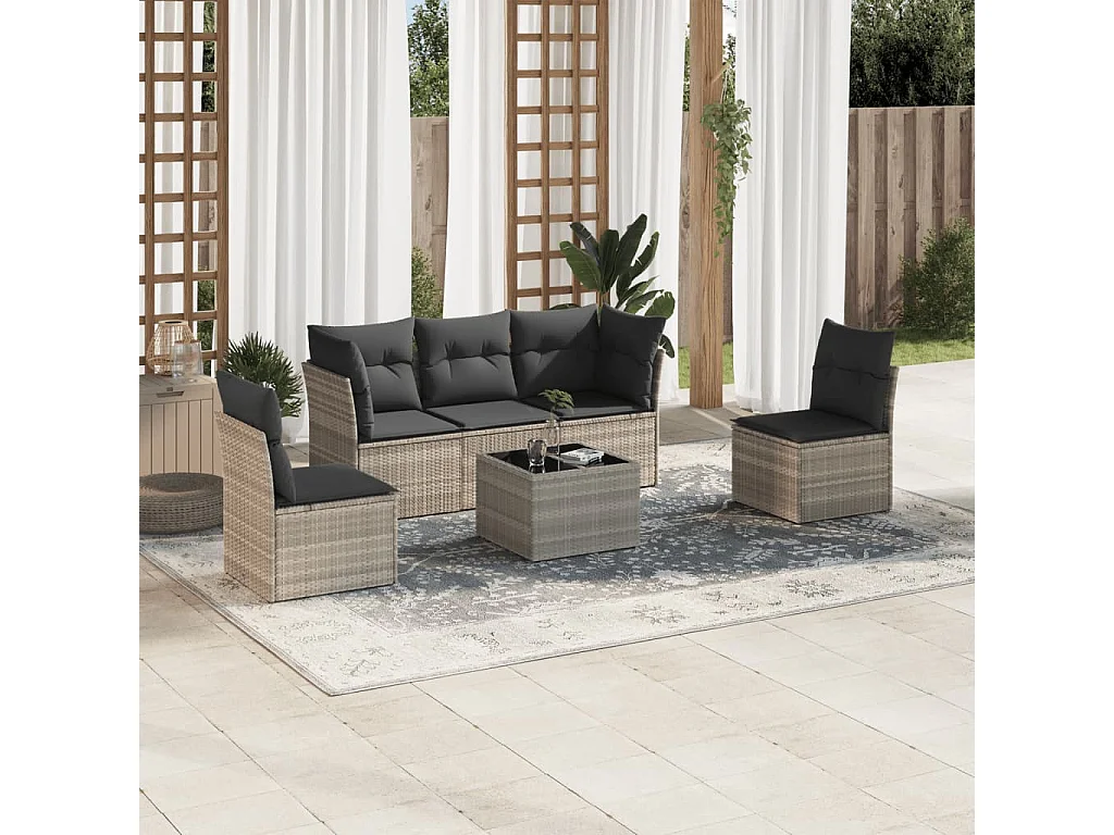 Set de sofás de jardín 6 piezas y cojines ratán sintético gris