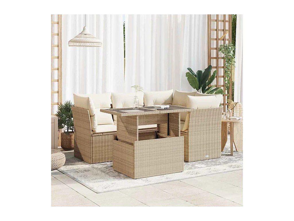 5-delige Loungeset met kussens poly rattan beige