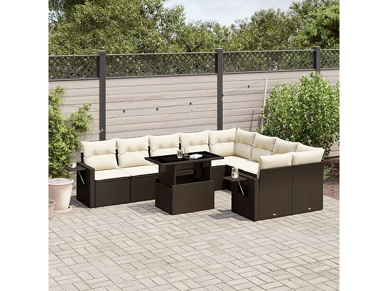 Salon de jardin 10 pièces avec coussins marron résine tressée
