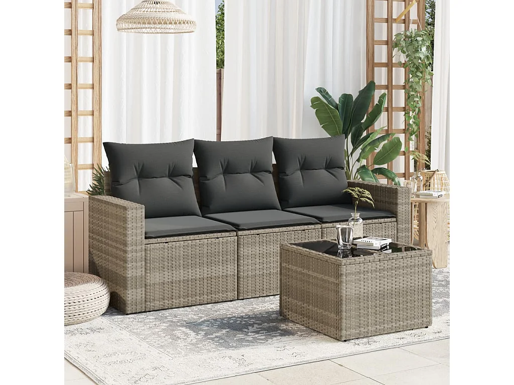 4-delige Loungeset met kussens poly rattan lichtgrijs