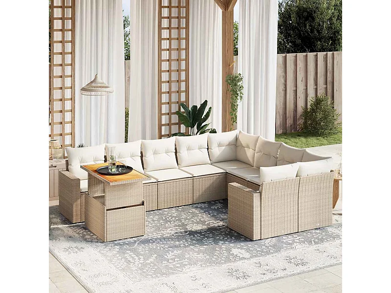 Salon de jardin avec coussins 10 pièces beige résine tressée