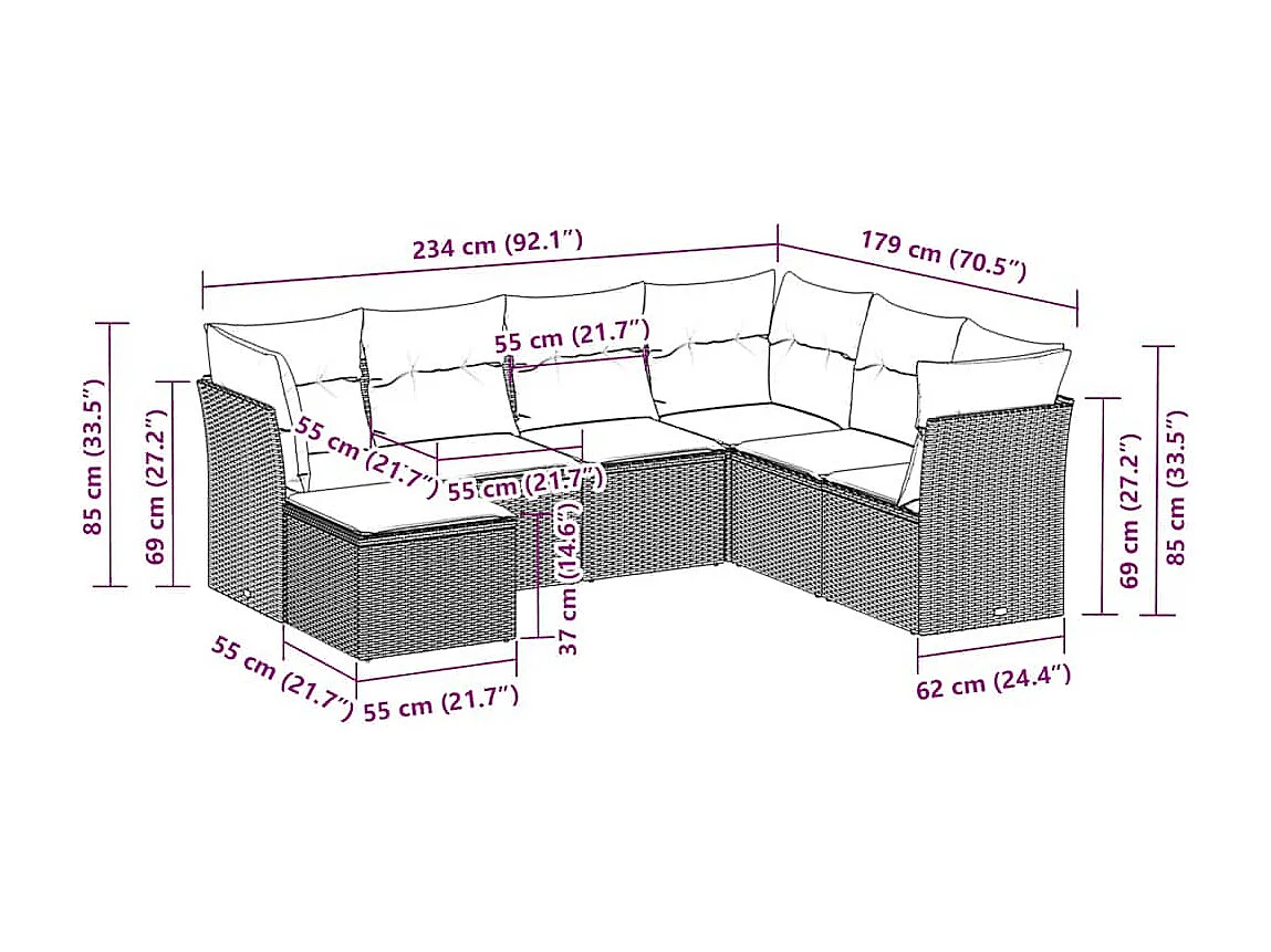 7-delige Loungeset met kussens poly rattan lichtgrijs
