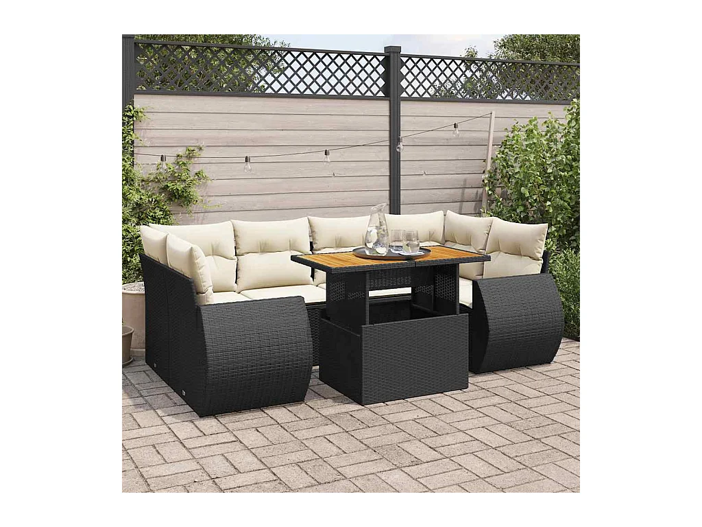7 peças conjunto de sofás para jardim com almofadões vime PE preto