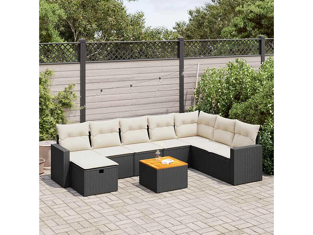 Set de sofás de jardín con cojines 9 piezas ratán sintético negro