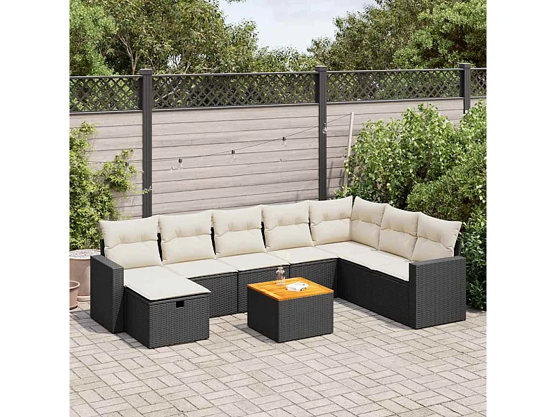 Set de sofás de jardín con cojines 9 piezas ratán sintético negro