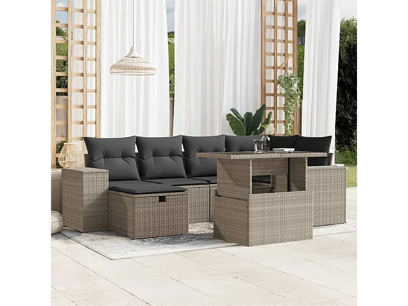 Salon de jardin avec coussins 7 pièces gris clair résine tressée