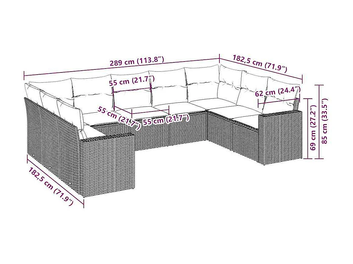 Set muebles jardín 9 piezas y cojines ratán sintético gris claro