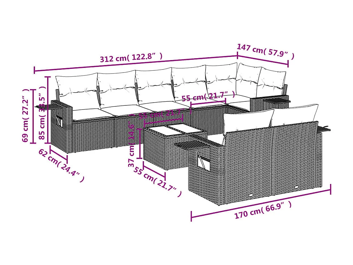 9-delige Loungeset met kussens poly rattan bruin