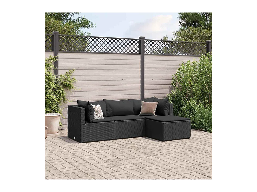 Salon de jardin 4 pièces avec coussins Noir Résine tressée