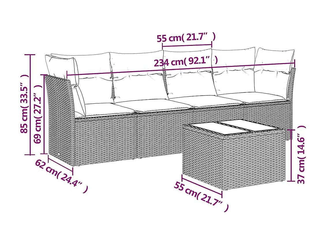Set de sofás jardín y cojines 5 piezas ratán sintético gris claro