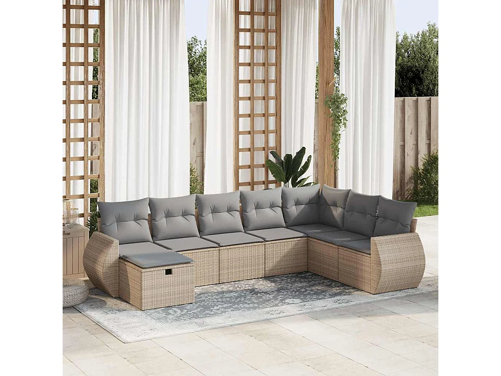 8-delige Loungeset met kussens poly rattan beige