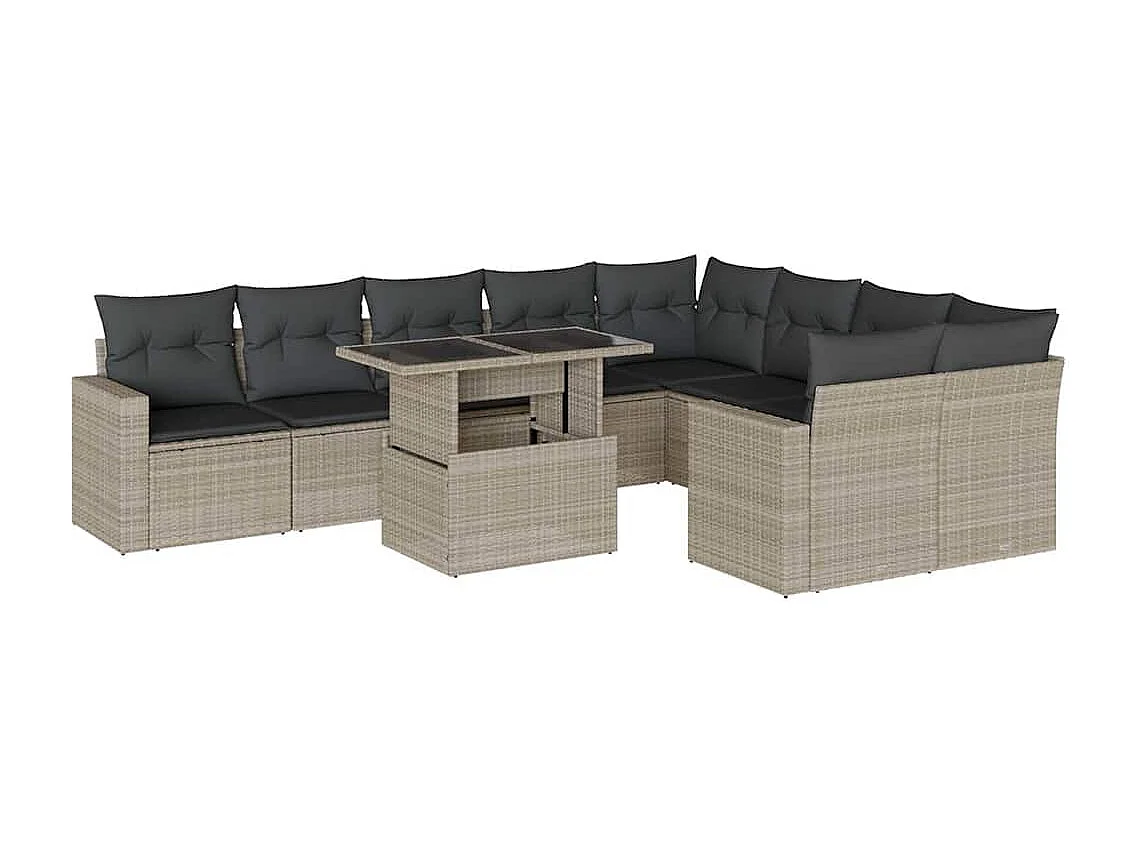 Set sofás jardín 10 piezas con cojines ratán sintético gris claro