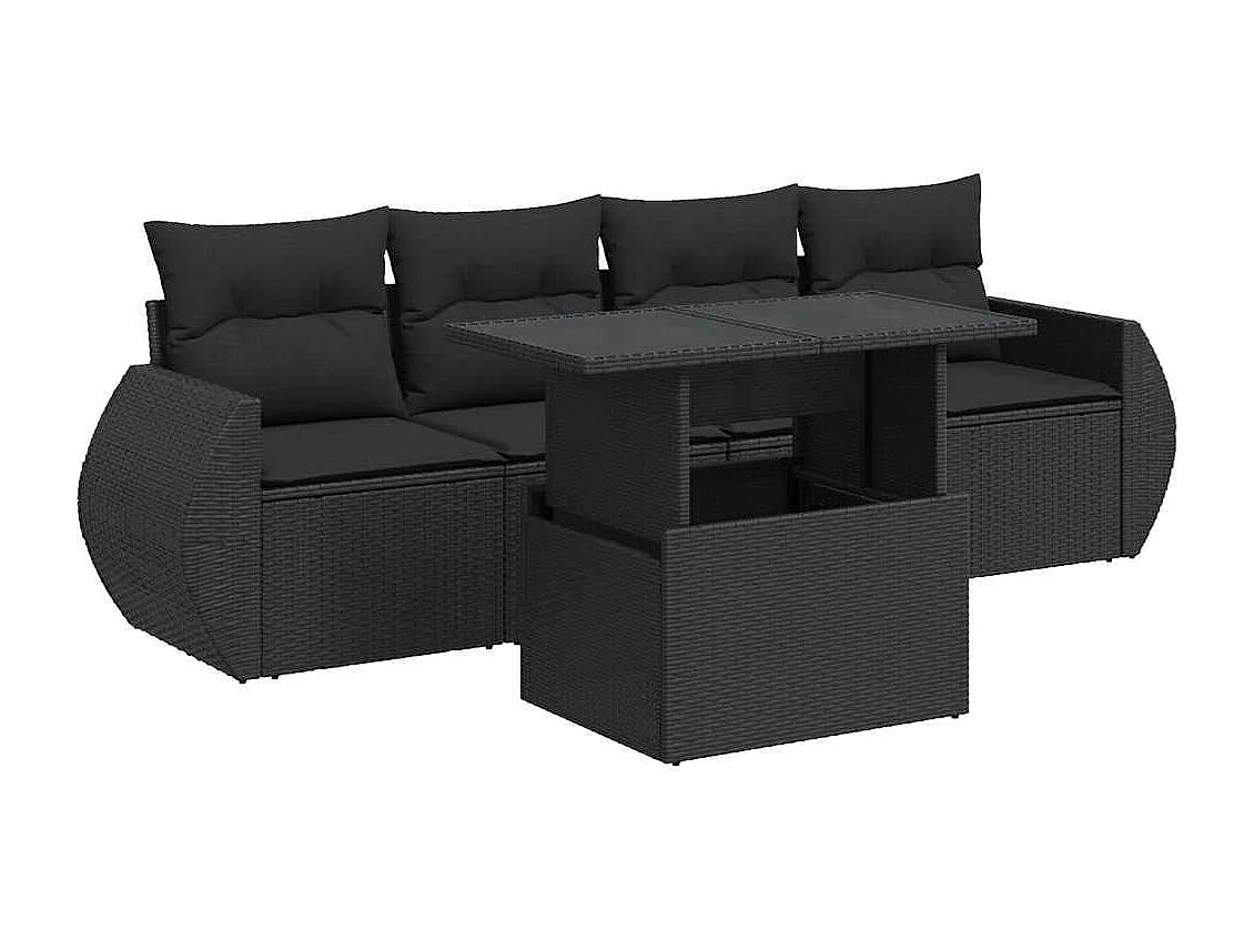 5-delige Loungeset met kussens poly rattan zwart