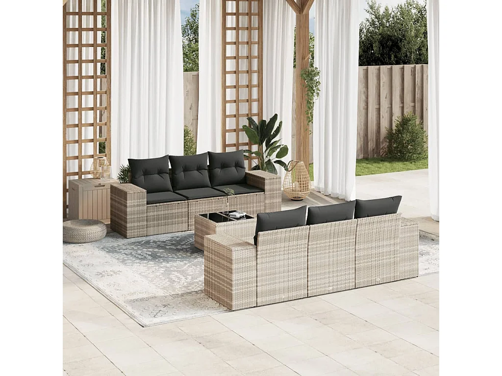 Set de sofás de jardín 7 piezas con cojines ratán PE gris claro