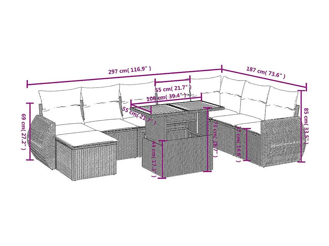 9-delige Loungeset met kussens poly rattan beige