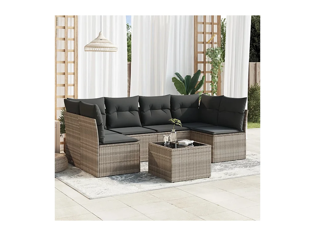 Salon de jardin avec coussins 7 pièces gris clair résine tressée