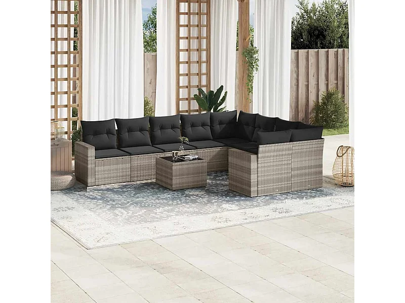10-delige Loungeset met kussens poly rattan lichtgrijs
