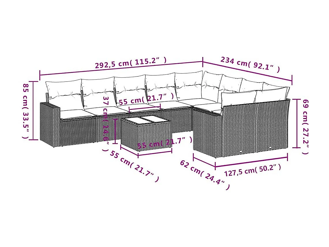 10-delige Loungeset met kussens poly rattan lichtgrijs