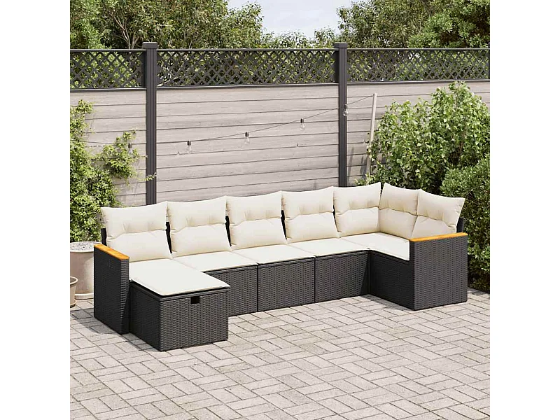 7 peças conjunto de sofás para jardim com almofadões vime PE preto