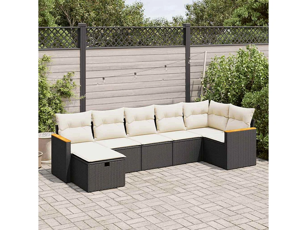 Salon de jardin 7 pièces avec coussins noir résine tressée