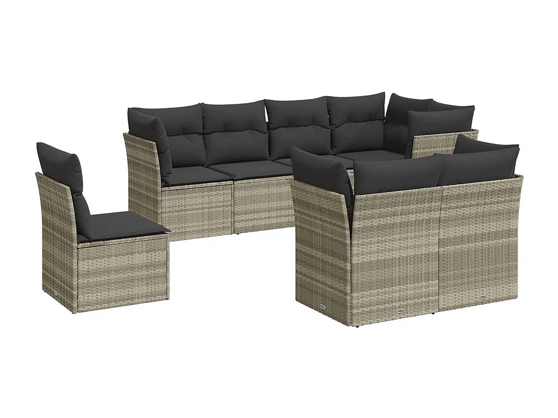 8 peças conj. sofás jardim com almofadões vime PE cinzento-claro