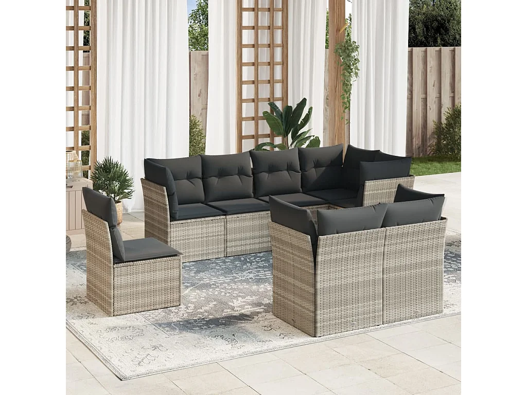 Salon de jardin 8 pièces avec coussins gris clair résine tressée