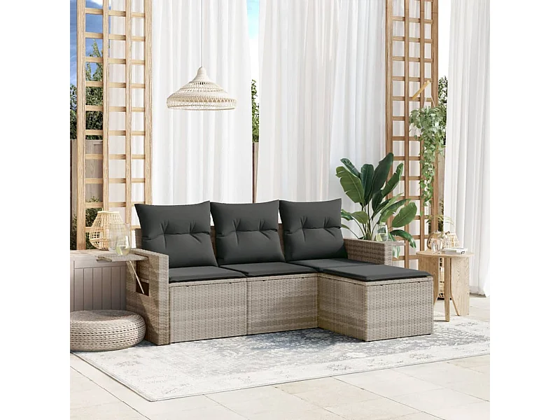 4-delige Loungeset met kussens poly rattan lichtgrijs