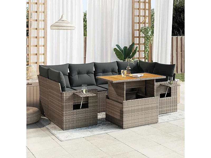 7 peças conjunto sofás para jardim com almofadões vime PE cinzento