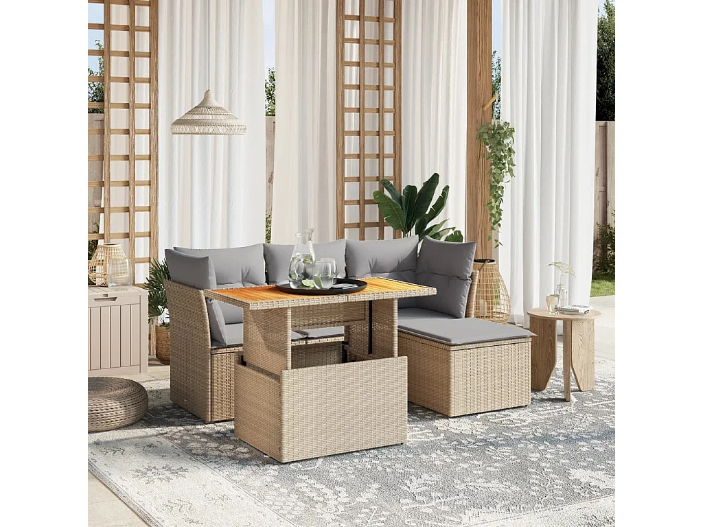 Salon de jardin avec coussins 6 pièces beige résine tressée