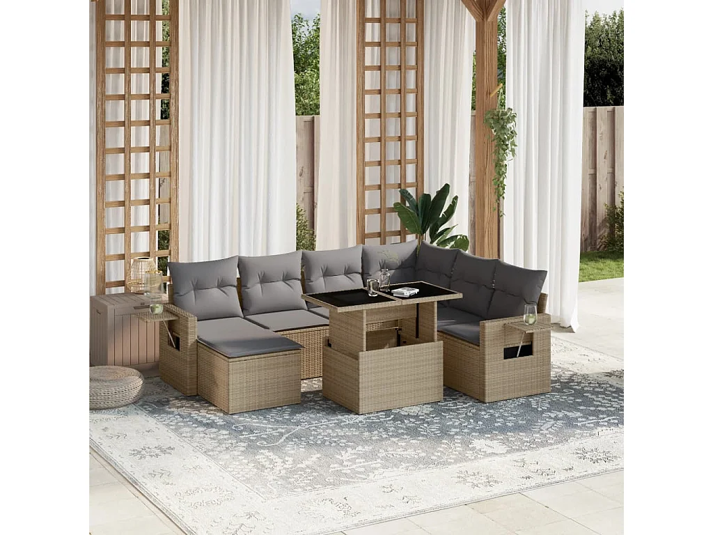 Set de sofás de jardín y cojines 8 piezas ratán sintético beige