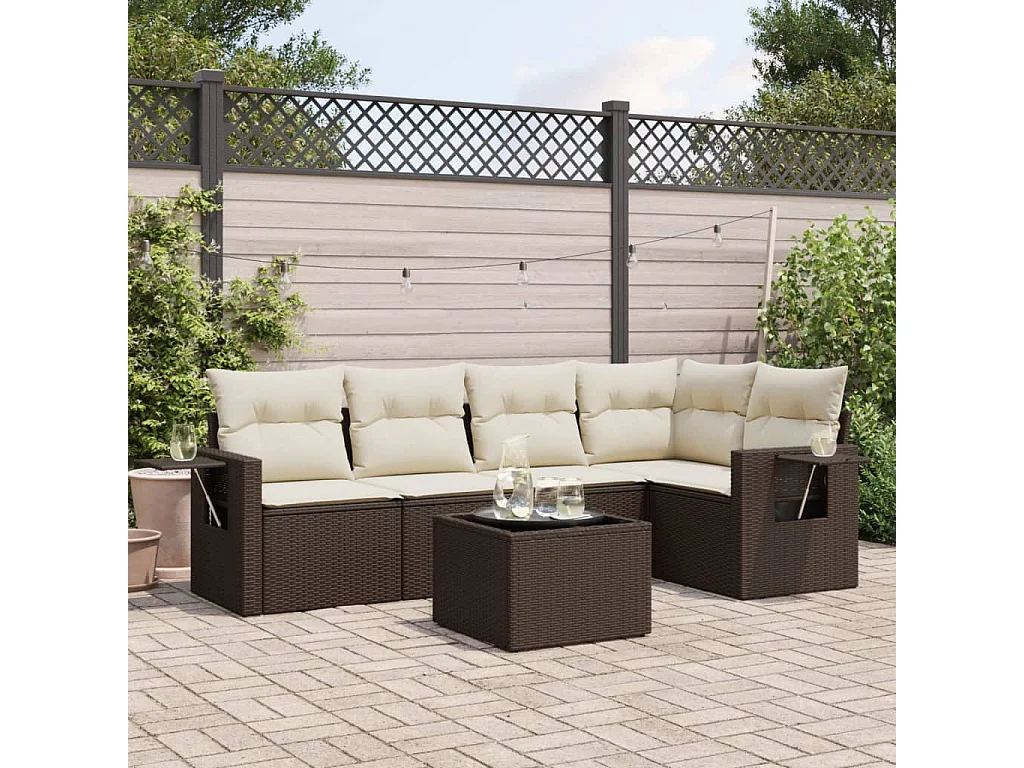 6-delige Loungeset met kussens poly rattan bruin
