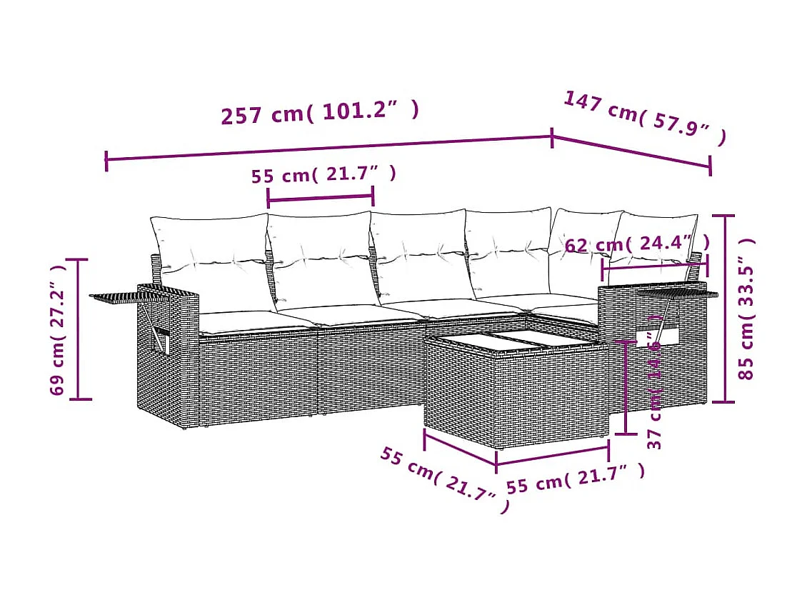 6-delige Loungeset met kussens poly rattan bruin