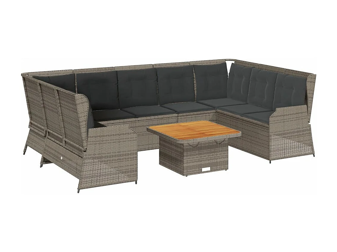 7 peças conjunto lounge de jardim com almofadões vime PE cinzento