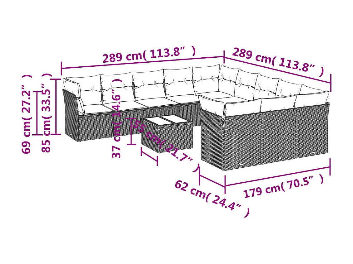 Set de sofás de jardín 12 piezas y cojines ratán sintético gris
