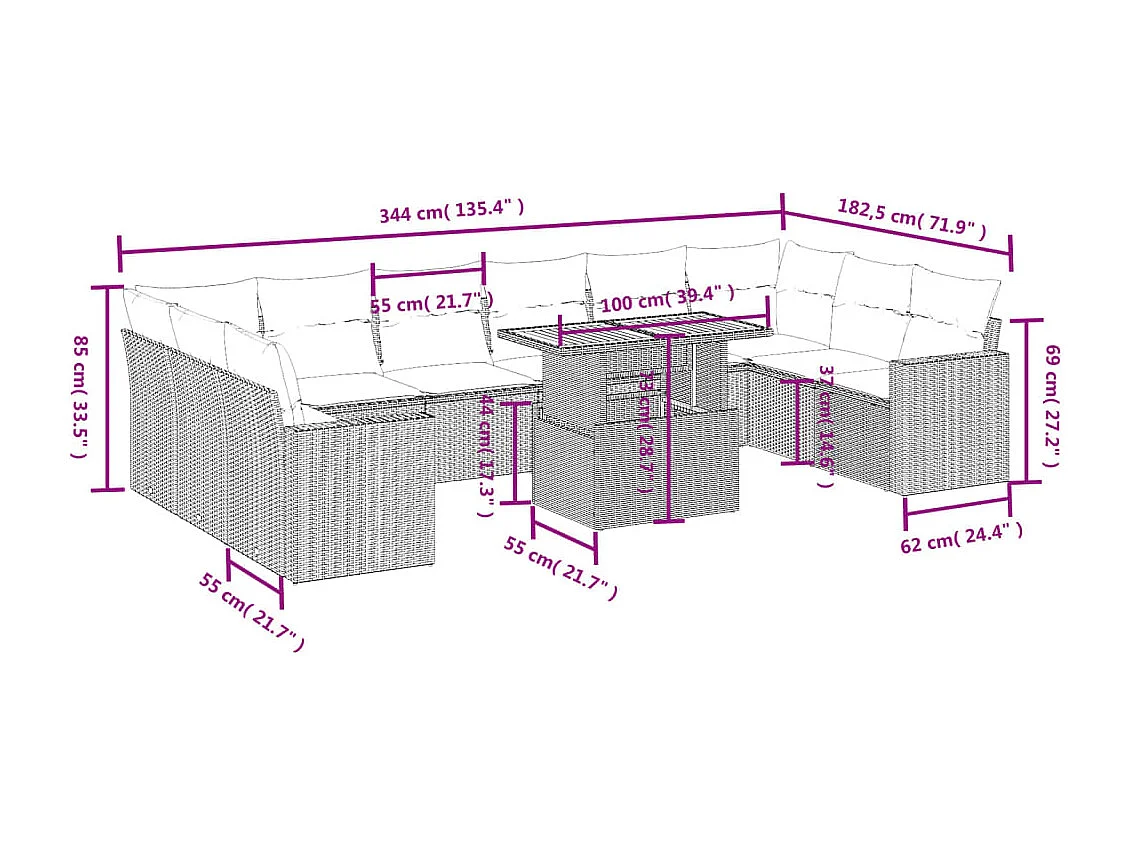 11-delige Tuinset met kussens poly rattan beige