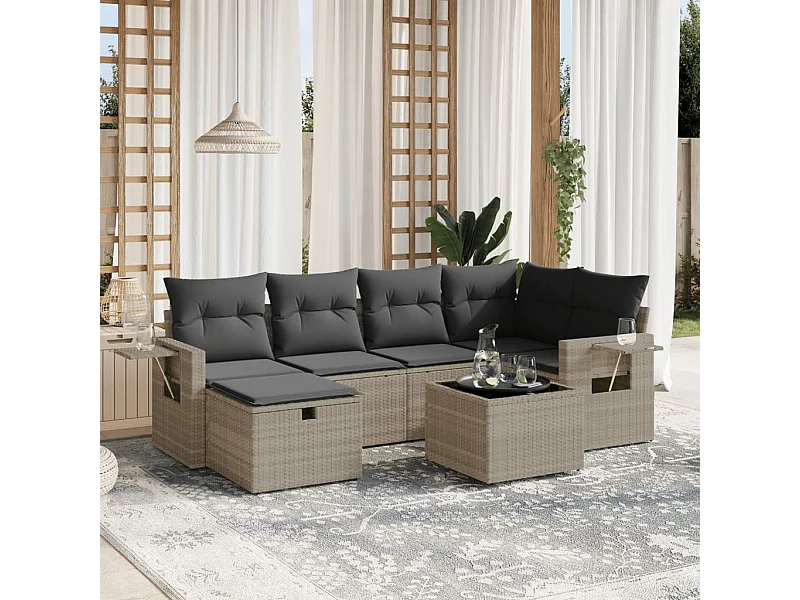 Salon de jardin avec coussins 7 pièces gris clair résine tressée