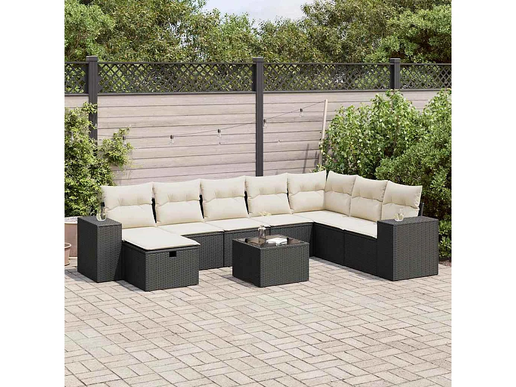 9-delige Loungeset met kussens poly rattan zwart