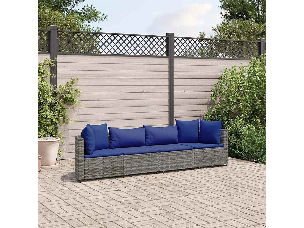 Set de sofás de jardín 4 piezas y cojines ratán sintético gris