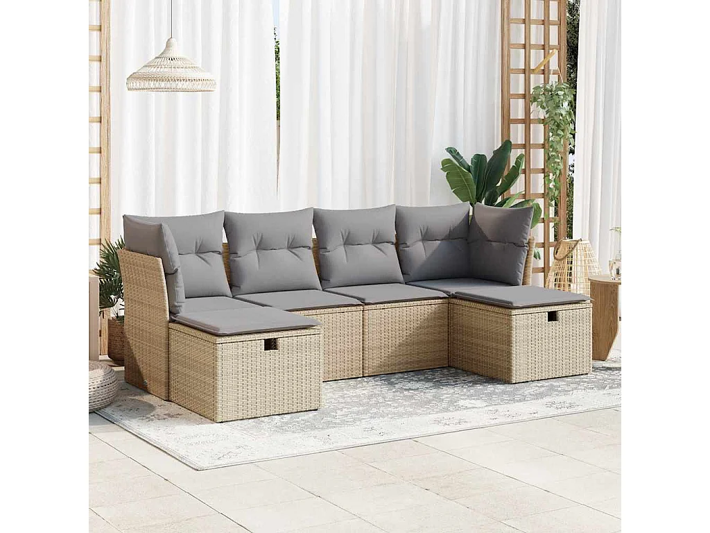 6 peças conjunto de sofás para jardim com almofadões vime PE bege