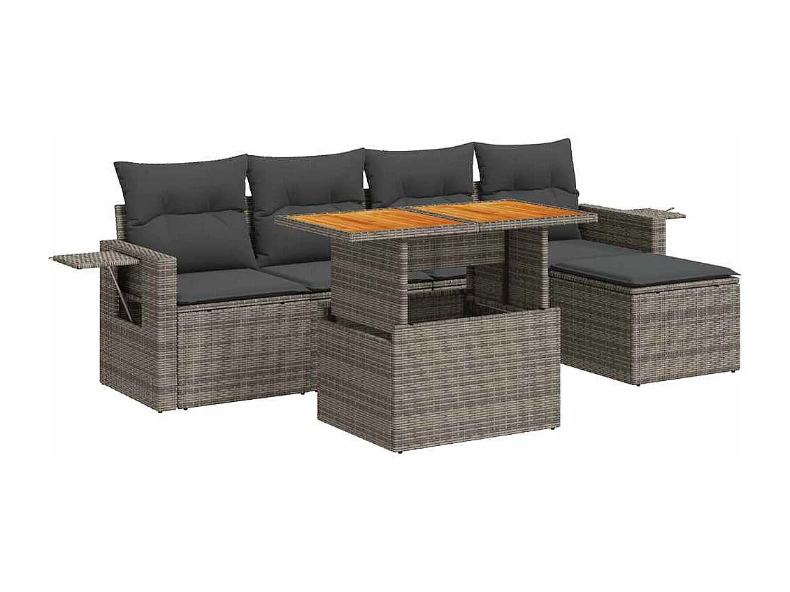 Set de muebles de jardín 6 piezas y cojines ratán sintético gris