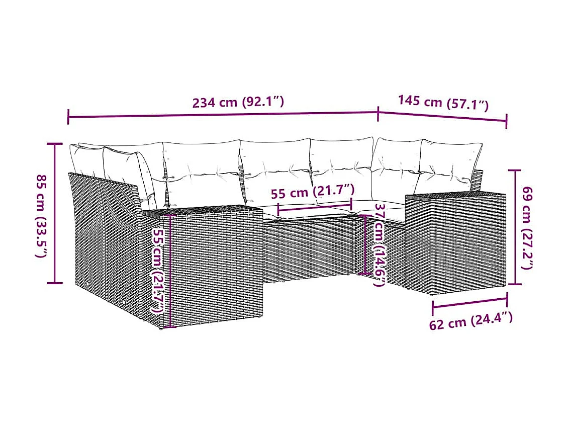 Set de sofás de jardín 6 piezas y cojines ratán sintético gris