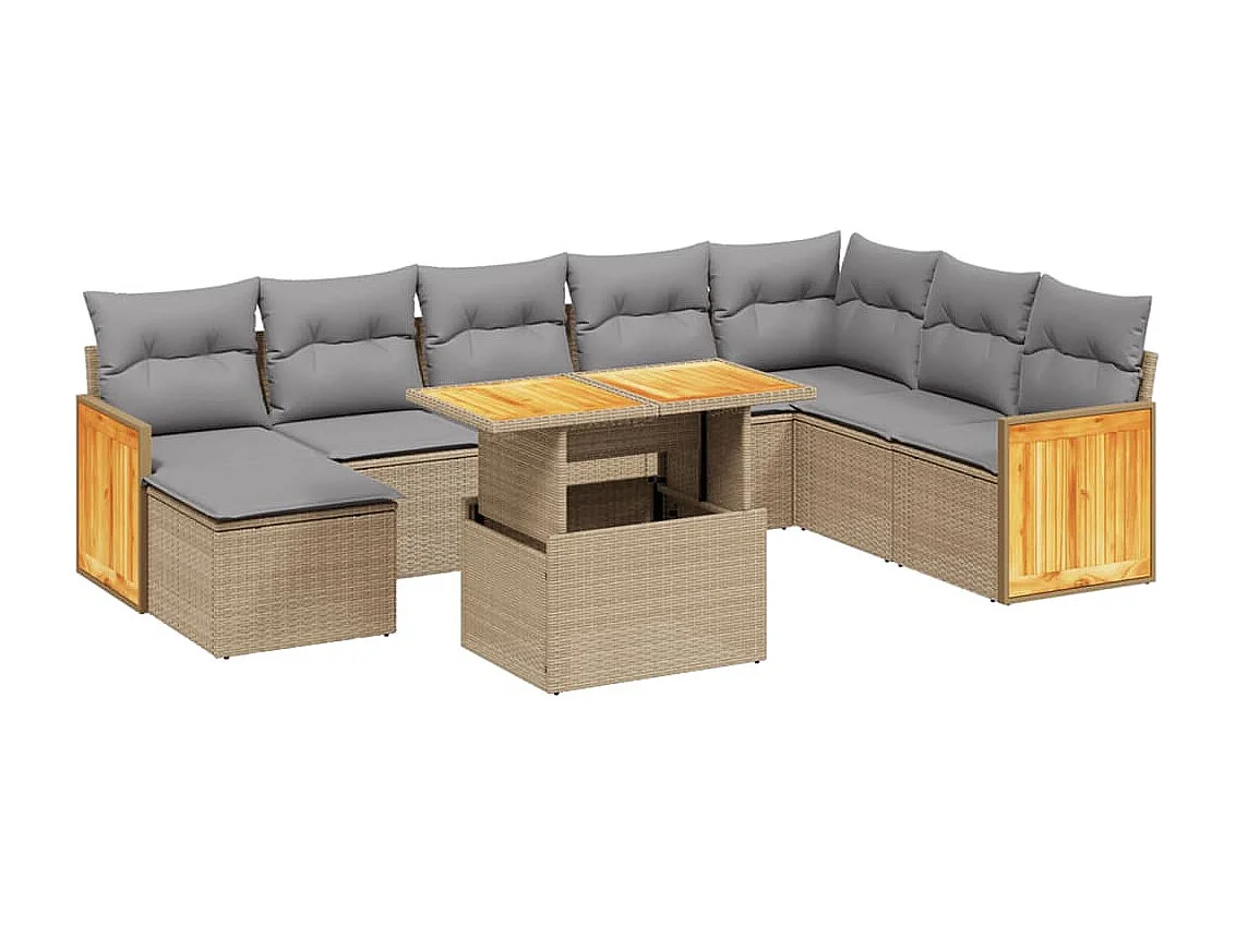 Set de sofás de jardín 9 piezas con cojines ratán sintético beige