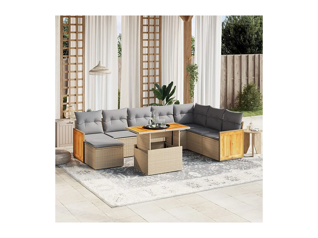 Salon de jardin avec coussins 9 pièces beige résine tressée